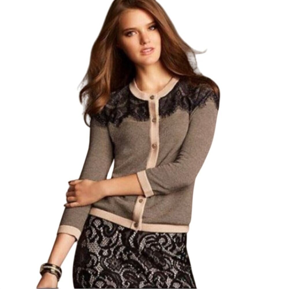 Ann Taylor Beige Black Lace Detail 3/4 Sleeve Cardigan Sweater Size L